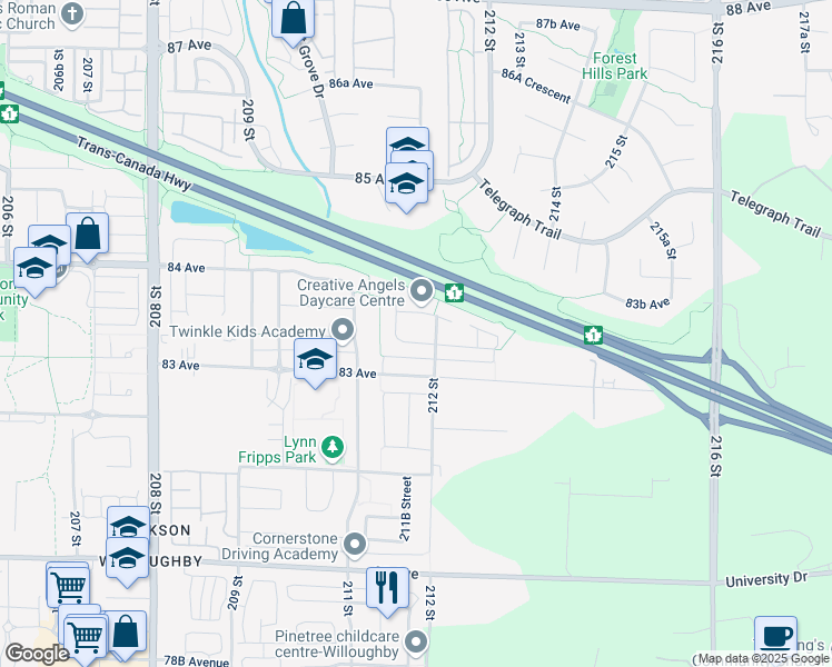map of restaurants, bars, coffee shops, grocery stores, and more near 21179 83A Avenue in Langley Township