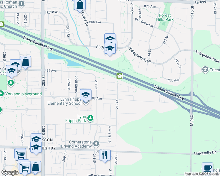 map of restaurants, bars, coffee shops, grocery stores, and more near in Langley Township