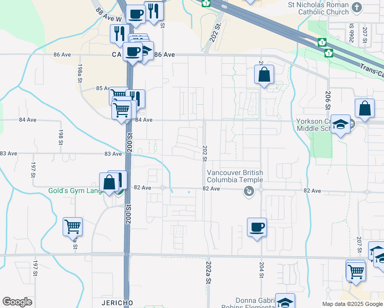 map of restaurants, bars, coffee shops, grocery stores, and more near 20171 83 Avenue in Langley Township