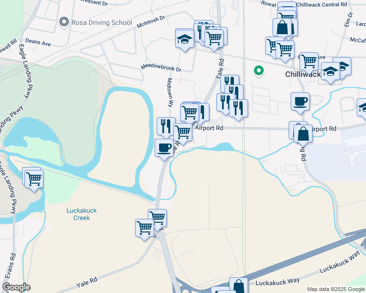 map of restaurants, bars, coffee shops, grocery stores, and more near Rainbow Road in Chilliwack