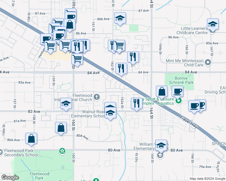 map of restaurants, bars, coffee shops, grocery stores, and more near 60 83 Avenue in Surrey