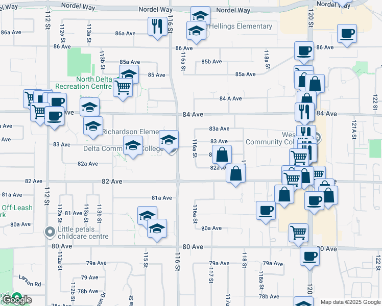 map of restaurants, bars, coffee shops, grocery stores, and more near 8277 116A Street in Delta