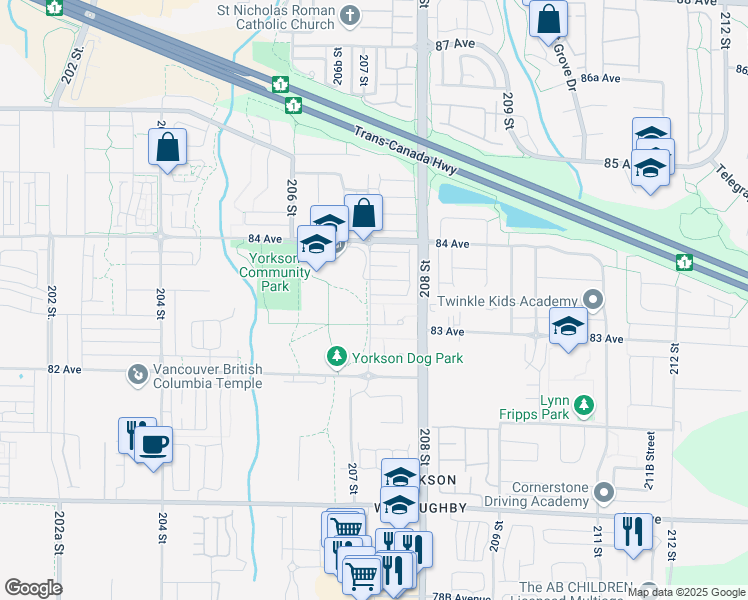 map of restaurants, bars, coffee shops, grocery stores, and more near in Langley Township
