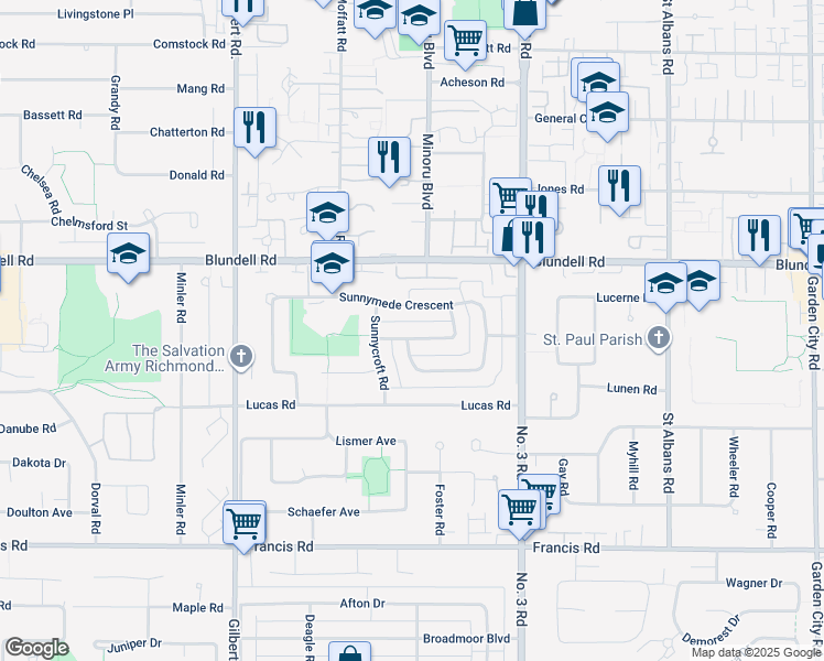 map of restaurants, bars, coffee shops, grocery stores, and more near 7671 Sunnydene Road in Richmond