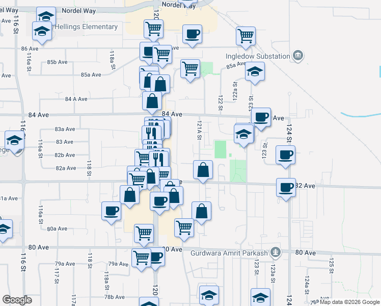 map of restaurants, bars, coffee shops, grocery stores, and more near in Surrey