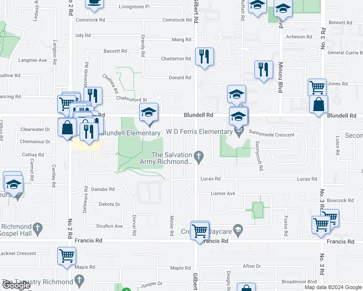map of restaurants, bars, coffee shops, grocery stores, and more near 8191 Mirabel Court in Richmond