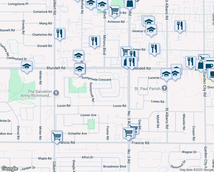 map of restaurants, bars, coffee shops, grocery stores, and more near 7731 Sunnydene Road in Richmond