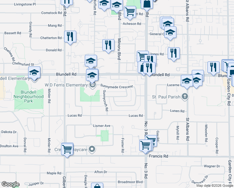 map of restaurants, bars, coffee shops, grocery stores, and more near 7691 Sunnydene Road in Richmond