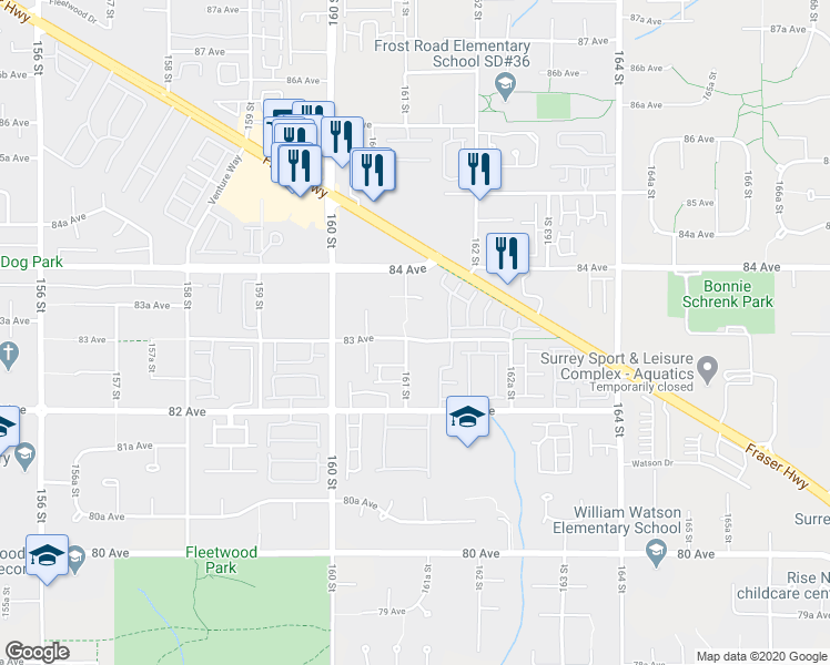 map of restaurants, bars, coffee shops, grocery stores, and more near 16130 83 Avenue in Surrey