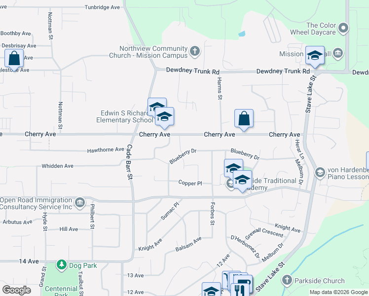map of restaurants, bars, coffee shops, grocery stores, and more near 33483 Blueberry Drive in Mission
