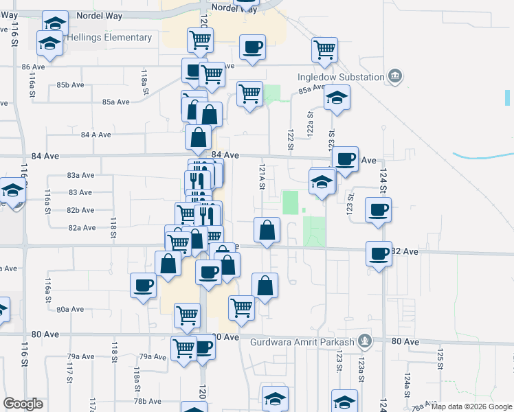 map of restaurants, bars, coffee shops, grocery stores, and more near 8289 121A Street in Surrey