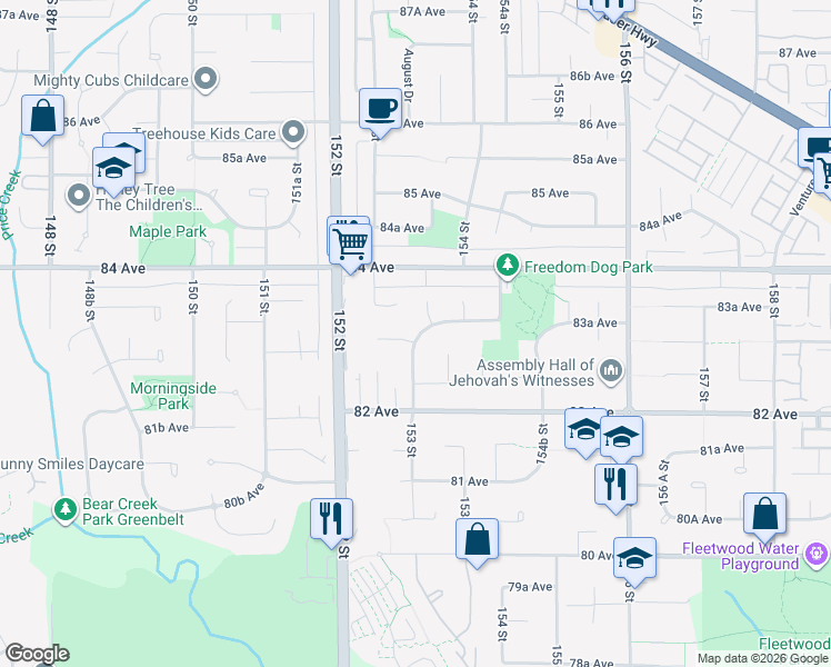 map of restaurants, bars, coffee shops, grocery stores, and more near 16065 83 Avenue in Surrey