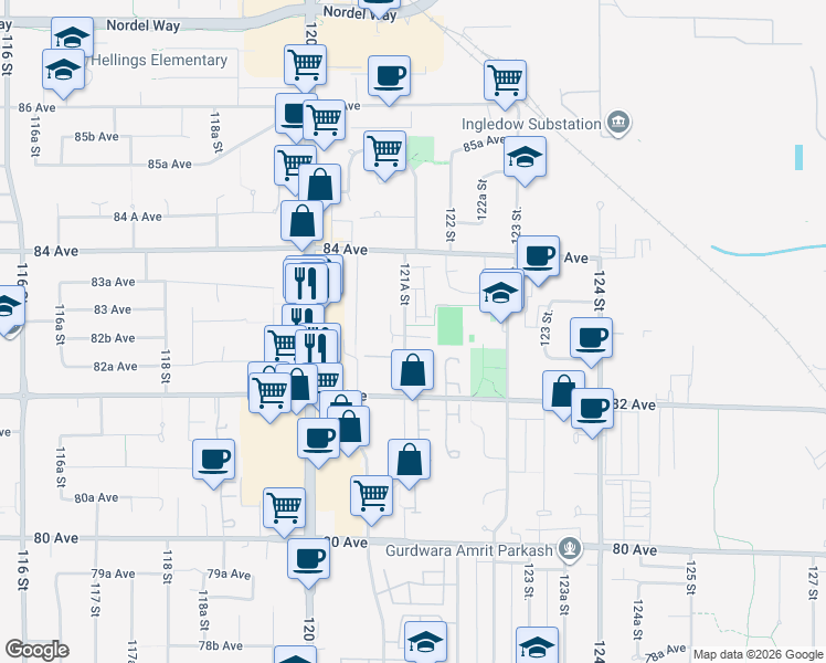 map of restaurants, bars, coffee shops, grocery stores, and more near 8280 121A Street in Surrey