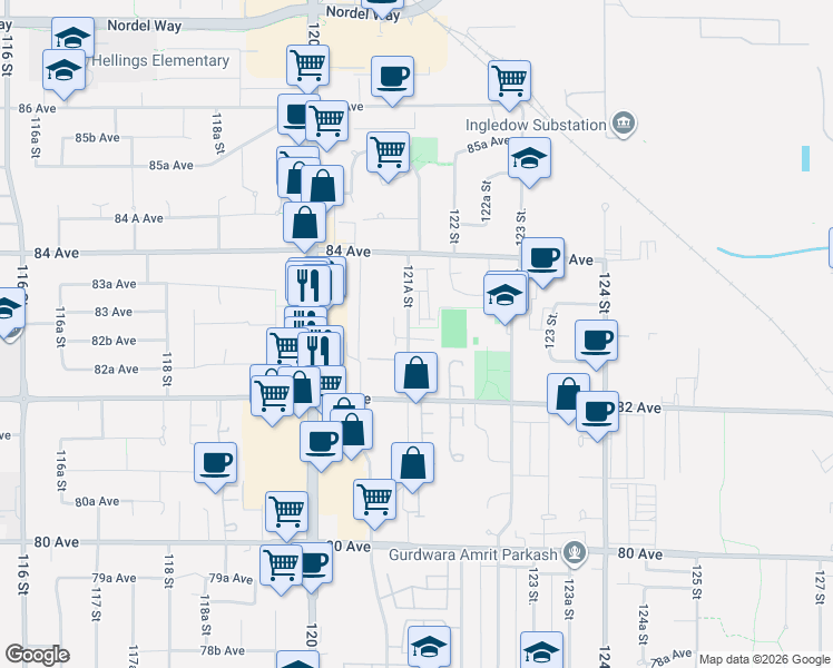 map of restaurants, bars, coffee shops, grocery stores, and more near 8280 121A Street in Surrey