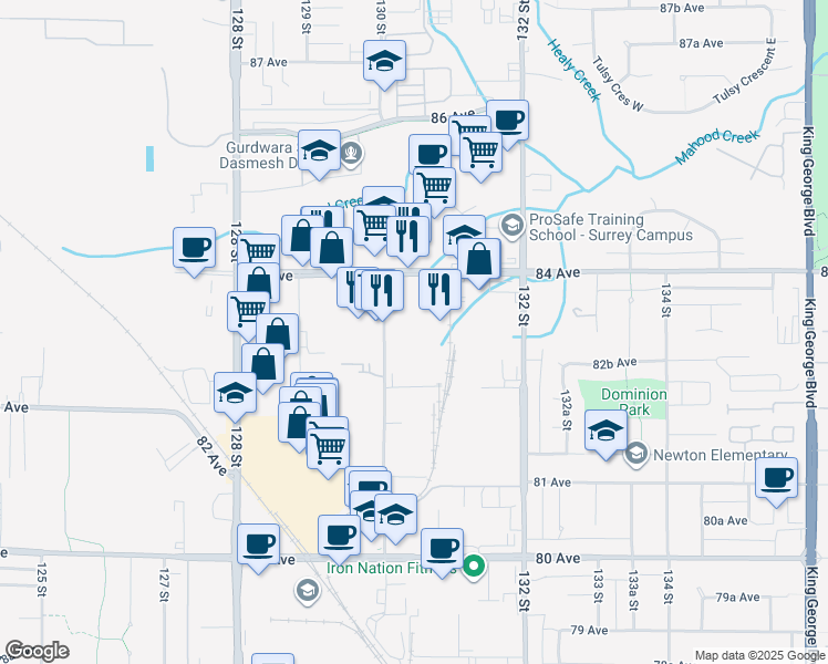 map of restaurants, bars, coffee shops, grocery stores, and more near 8310 130 Street in Surrey