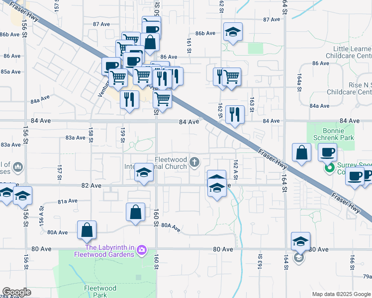 map of restaurants, bars, coffee shops, grocery stores, and more near 16085 83 Avenue in Surrey