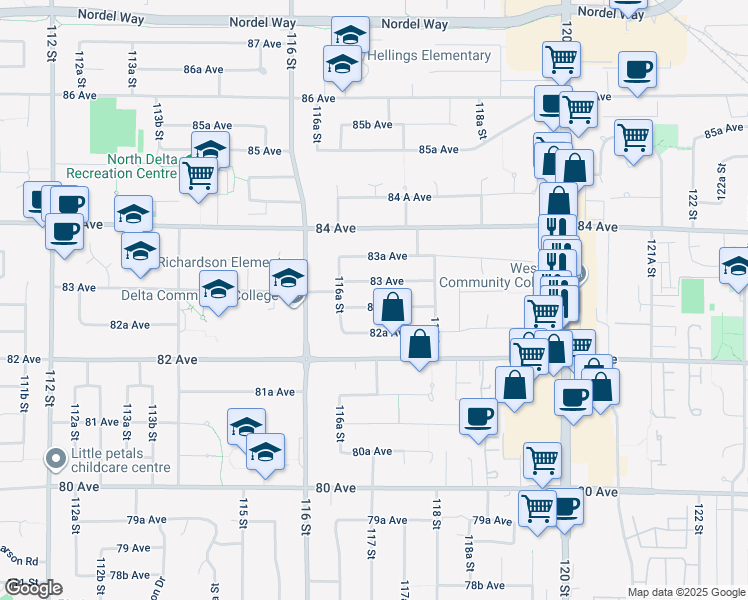 map of restaurants, bars, coffee shops, grocery stores, and more near 11707 82B Avenue in Delta