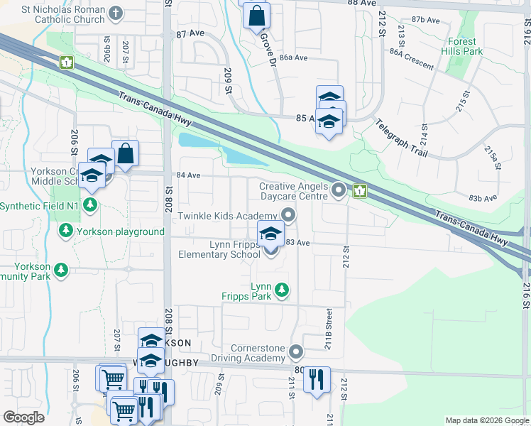 map of restaurants, bars, coffee shops, grocery stores, and more near 21027 83A Avenue in Langley Township