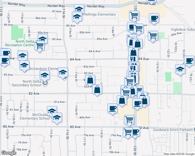 map of restaurants, bars, coffee shops, grocery stores, and more near 11785 82B Avenue in Delta