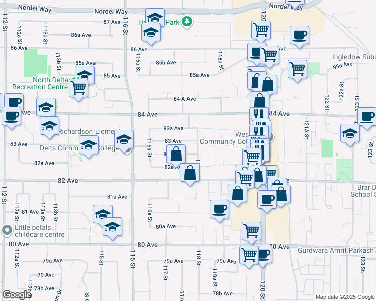 map of restaurants, bars, coffee shops, grocery stores, and more near 11775 82B Avenue in Delta