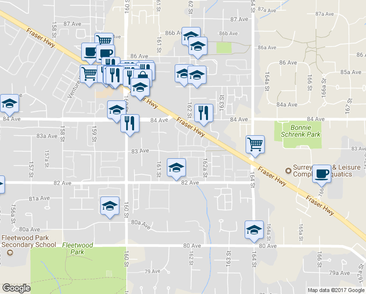 map of restaurants, bars, coffee shops, grocery stores, and more near 60 83 Avenue in Surrey