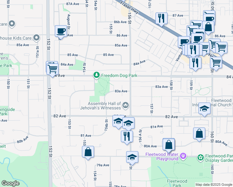 map of restaurants, bars, coffee shops, grocery stores, and more near 15530 83A Avenue in Surrey