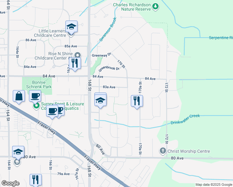 map of restaurants, bars, coffee shops, grocery stores, and more near 8327 169A Street in Surrey