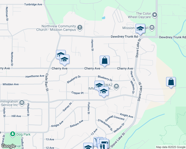 map of restaurants, bars, coffee shops, grocery stores, and more near 33605 Blueberry Drive in Mission