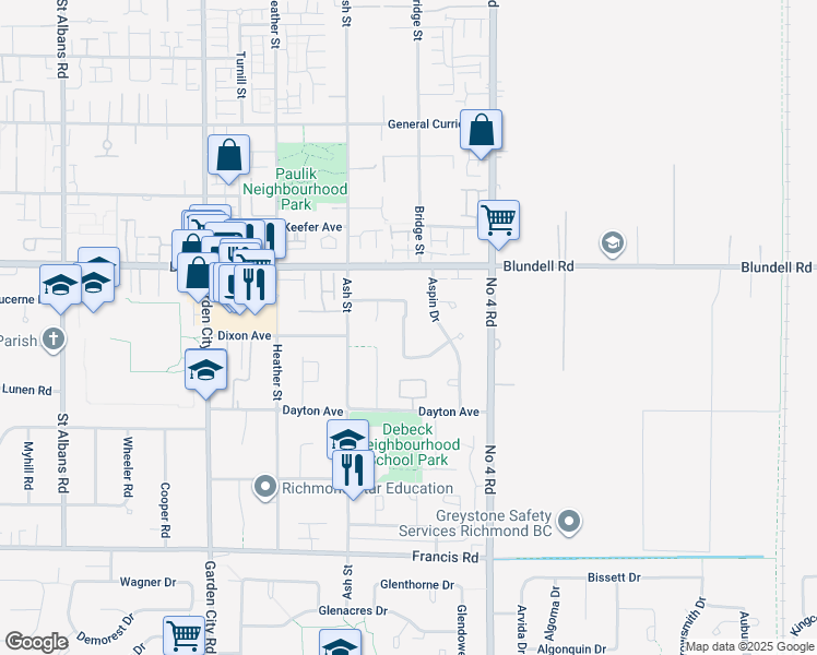 map of restaurants, bars, coffee shops, grocery stores, and more near 9531 McBurney Drive in Richmond