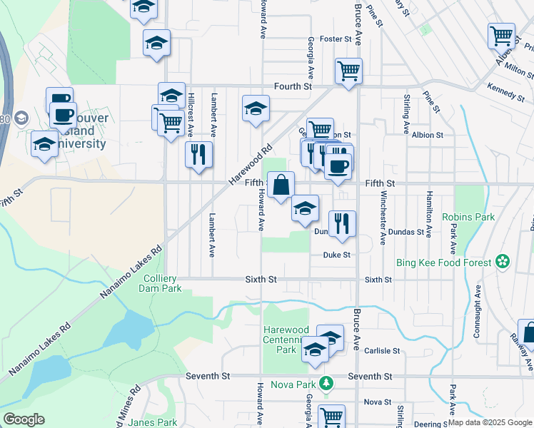 map of restaurants, bars, coffee shops, grocery stores, and more near 632 Howard Avenue in Nanaimo
