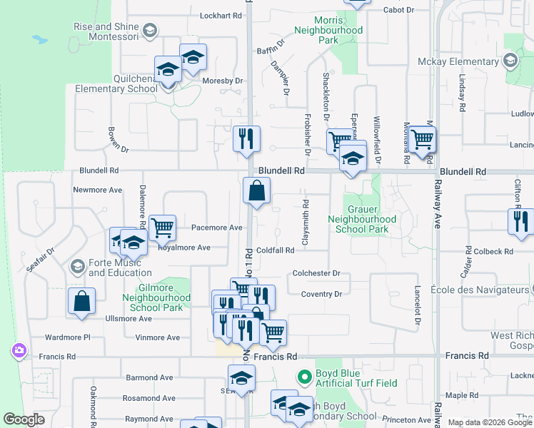 map of restaurants, bars, coffee shops, grocery stores, and more near 8155 Corless Place in Richmond