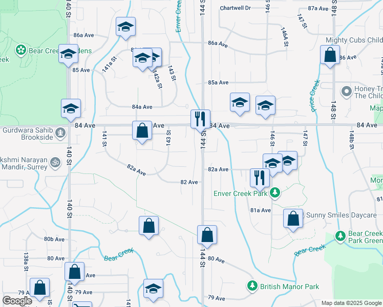 map of restaurants, bars, coffee shops, grocery stores, and more near 14370 83 Avenue in Surrey