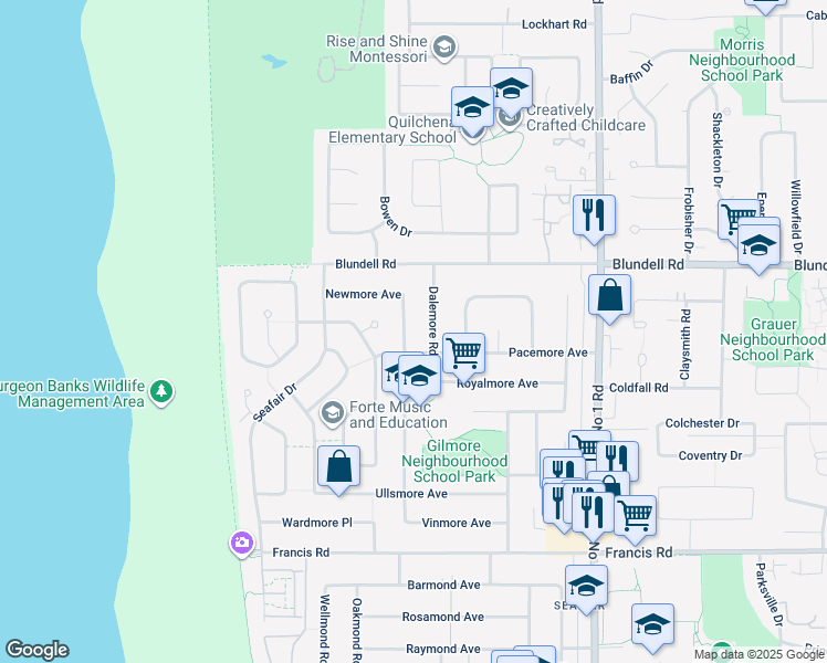 map of restaurants, bars, coffee shops, grocery stores, and more near 8180 Elsmore Road in Richmond