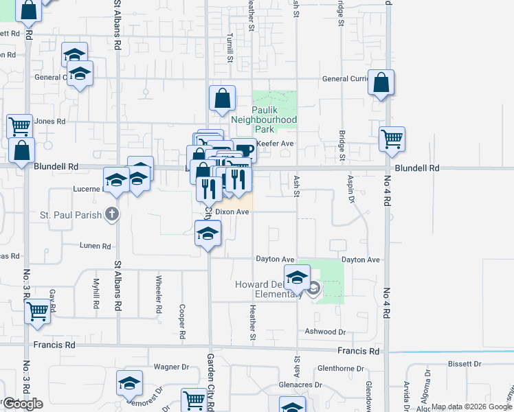map of restaurants, bars, coffee shops, grocery stores, and more near 8180 Heather Street in Richmond