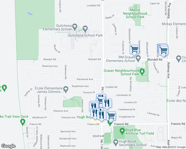 map of restaurants, bars, coffee shops, grocery stores, and more near 8171 Alanmore Place in Richmond