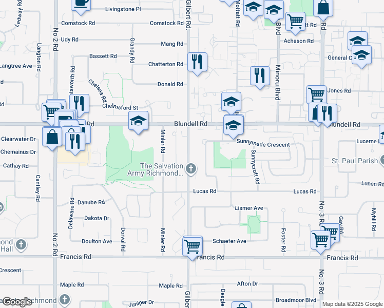 map of restaurants, bars, coffee shops, grocery stores, and more near 8180 Gilbert Road in Richmond