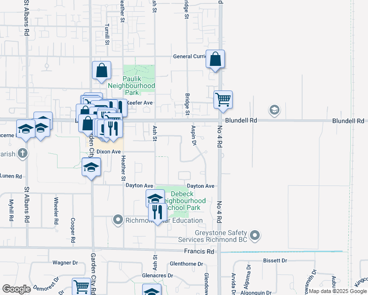 map of restaurants, bars, coffee shops, grocery stores, and more near 9531 McBurney Drive in Richmond