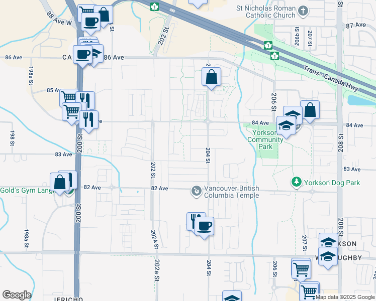 map of restaurants, bars, coffee shops, grocery stores, and more near 8303 203A Street in Langley Township