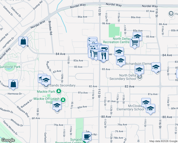 map of restaurants, bars, coffee shops, grocery stores, and more near 11129 Fuller Crescent North in Delta