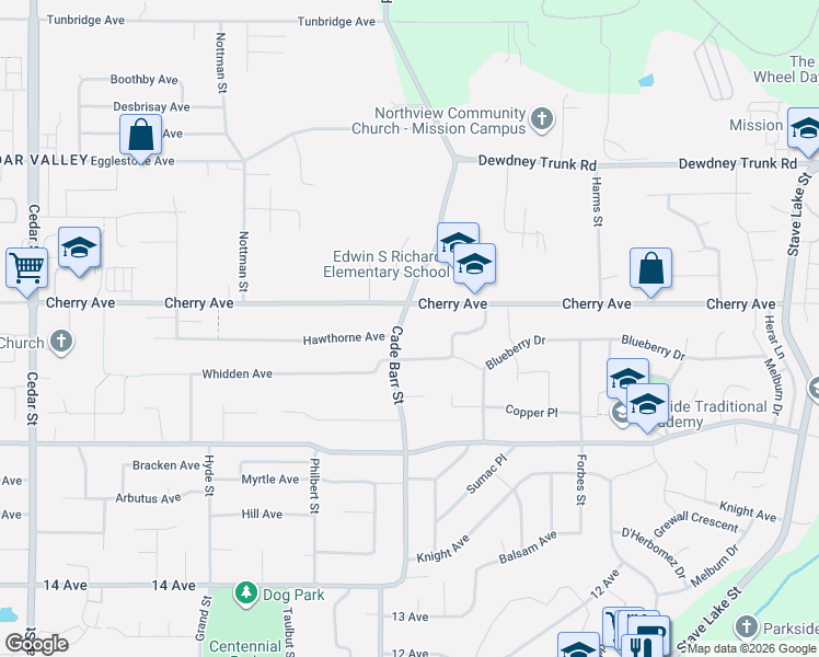 map of restaurants, bars, coffee shops, grocery stores, and more near 8364 Cade Barr Street in Mission