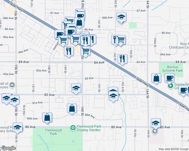 map of restaurants, bars, coffee shops, grocery stores, and more near 16065 83 Avenue in Surrey