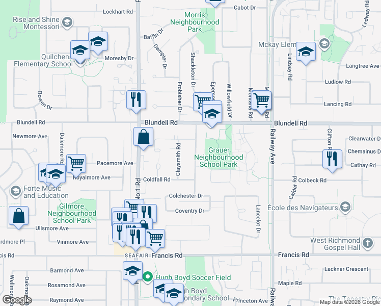 map of restaurants, bars, coffee shops, grocery stores, and more near 8191 Claybrook Road in Richmond
