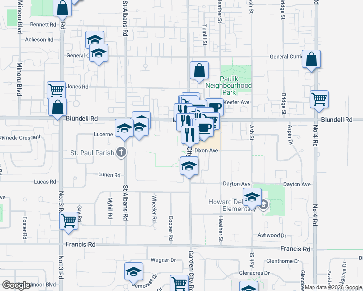 map of restaurants, bars, coffee shops, grocery stores, and more near 8171 Garden City Road in Richmond