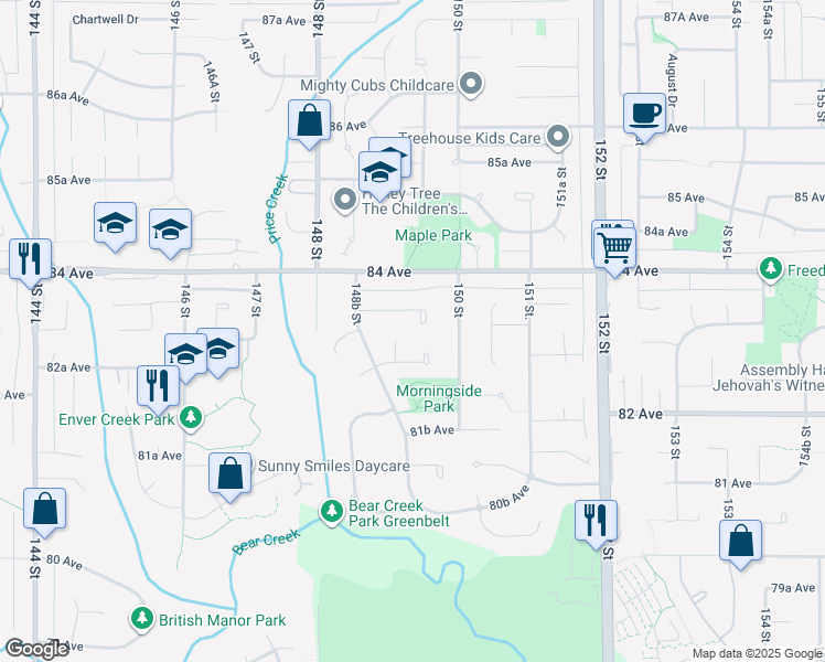 map of restaurants, bars, coffee shops, grocery stores, and more near 14958 83A Avenue in Surrey