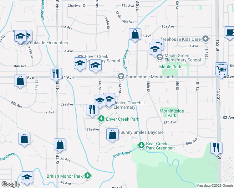 map of restaurants, bars, coffee shops, grocery stores, and more near 8303 147 Street in Surrey
