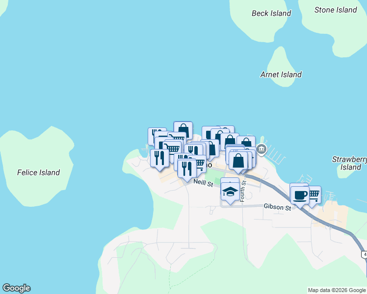 map of restaurants, bars, coffee shops, grocery stores, and more near 320 Main Street in Tofino