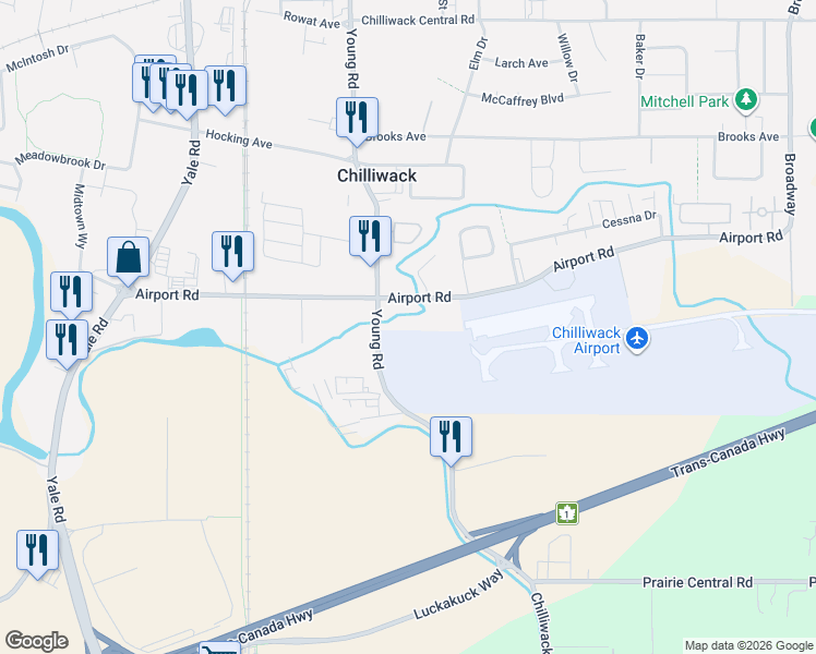 map of restaurants, bars, coffee shops, grocery stores, and more near 8364 Young Road in Chilliwack