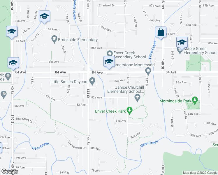 map of restaurants, bars, coffee shops, grocery stores, and more near 14511 83 Avenue in Surrey