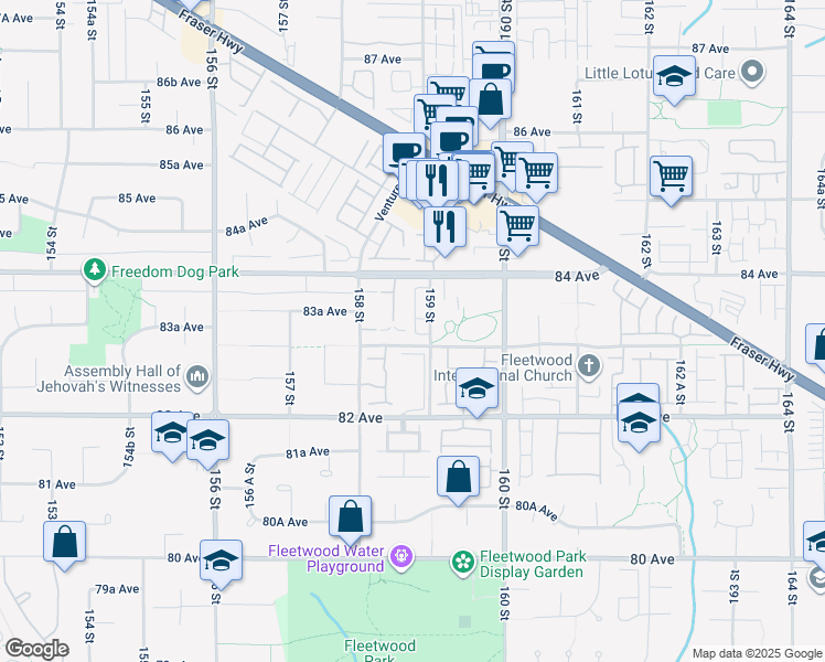 map of restaurants, bars, coffee shops, grocery stores, and more near 8383 159 Street in Surrey