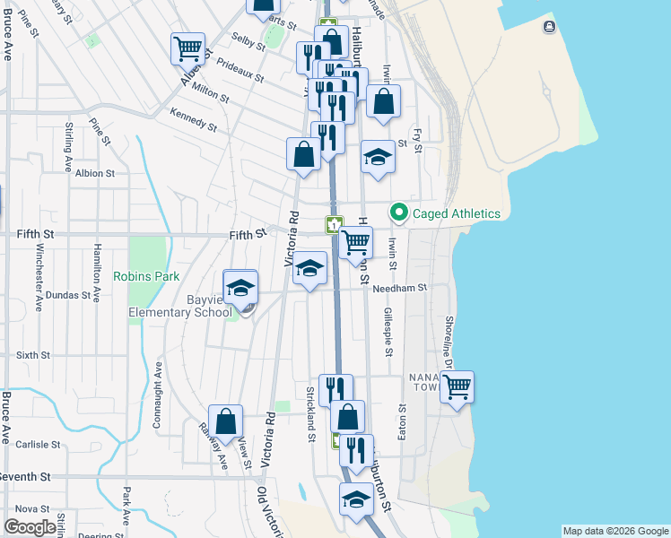 map of restaurants, bars, coffee shops, grocery stores, and more near Nicol Street in Nanaimo